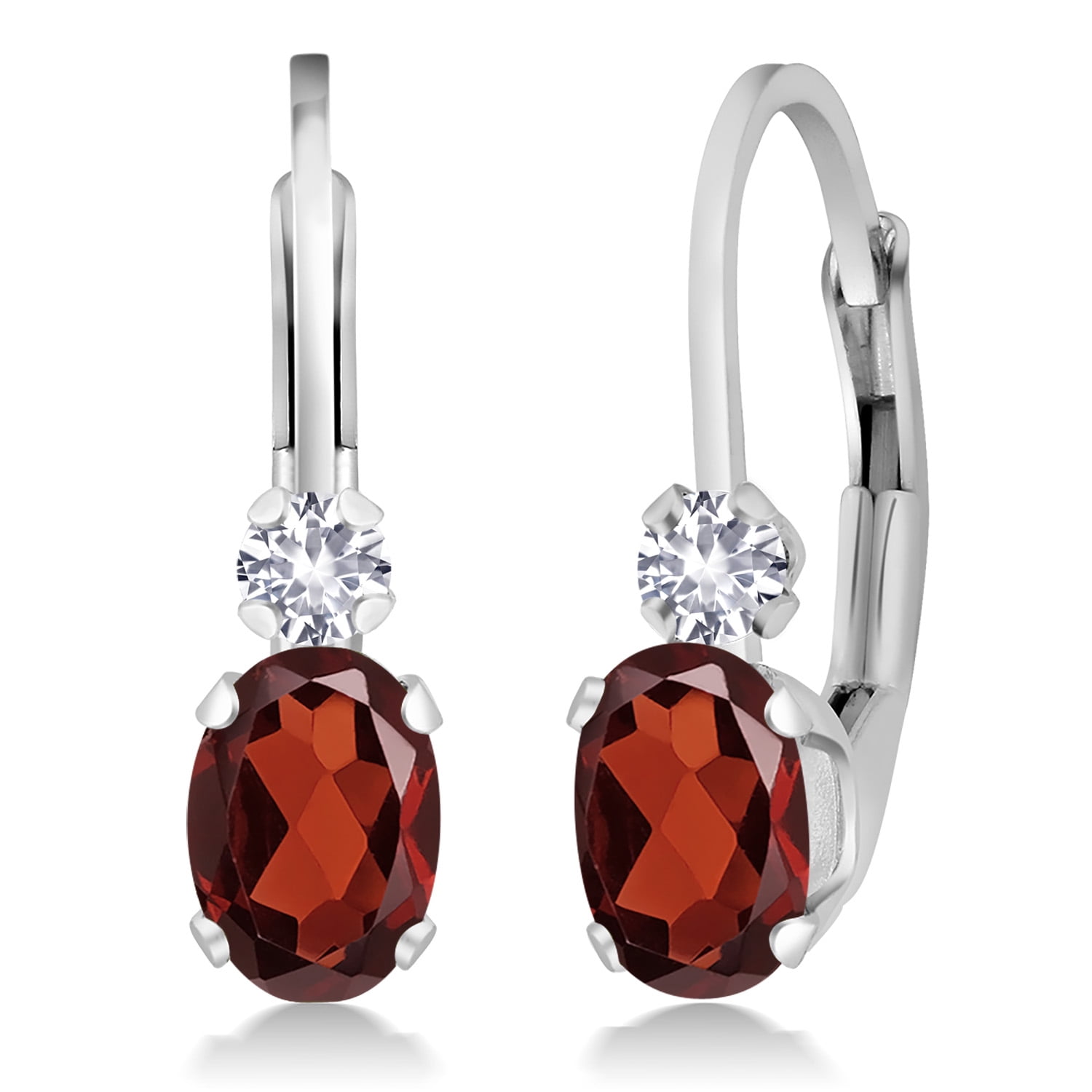 Gem Stone King 925 Sterling Silver Red Garnet and White Created Sapphire Leverback Earrings for Women (1.18 Cttw, Gemstone January Birthstone, Oval 6X4MM, Round 2MM, 3/4 inch)