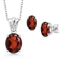 Gem Stone King 925 Sterling Silver Red Garnet and White Created Sapphire Pendant and Earrings Jewelry Set for Women (6.69 Cttw, Gemstone Birthstone, Oval 11X9MM and 8X6MM with 18 inch Silver Chain)