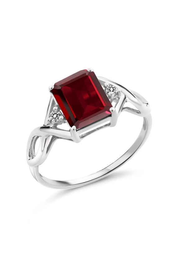 925 Sterling Silver Red Garnet and White Diamond Engagement Ring for Women (2.68 Cttw, Emerald Cut 9X7MM, Gemstone Birthstone, Size 9)