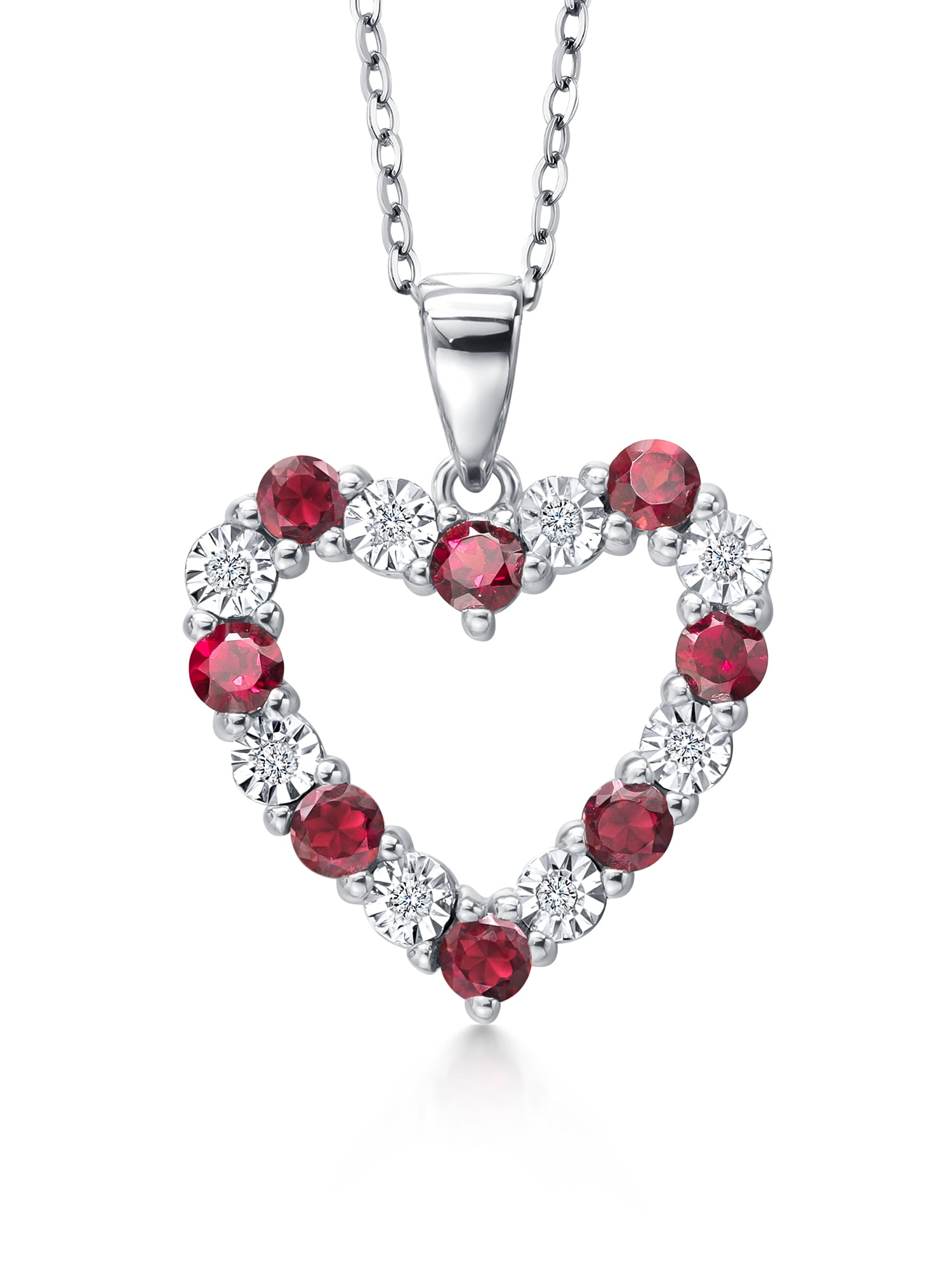 Gem Stone King 925 Sterling Silver Red Garnet and White Diamond Heart Shape Pendant Necklace for Women | 1.20 Cttw | Gemstone Birthstone | with 18 inch Silver Chain