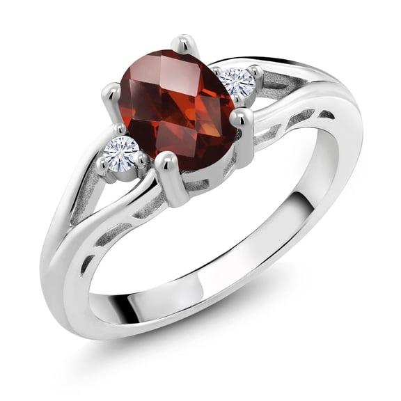 Gem Stone King 925 Sterling Silver Red Garnet and White Moissanite 3 Stone Engagement Ring for Women | 1.61 Cttw | Oval Checkerboard 8X6MM | Round 2MM | Gemstone January Birthstone | Size 6