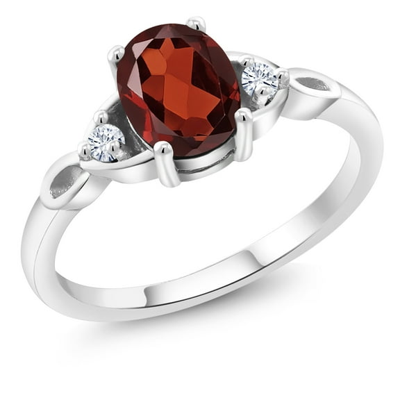 Gem Stone King 925 Sterling Silver Red Garnet and White Moissanite 3-Stone Rings for Women (1.58 Cttw, Gemstone January Birthstone, Oval 8X6MM, Available in Size 5, 6, 7, 8, 9)