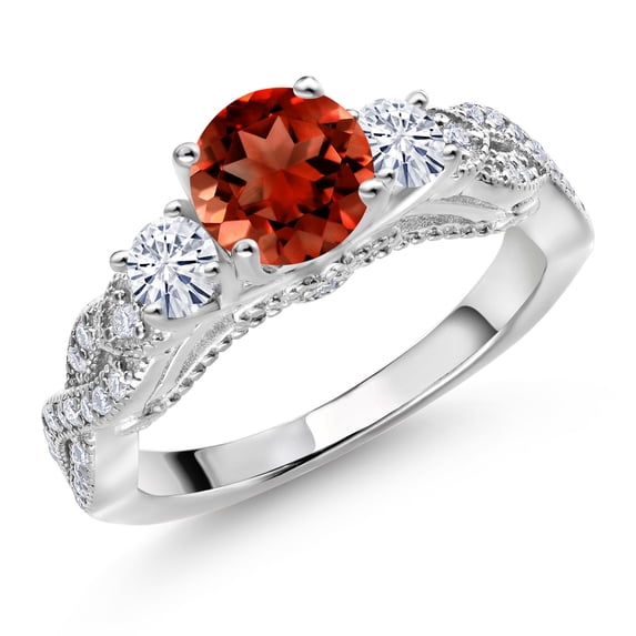 Gem Stone King 925 Sterling Silver Red Garnet and White Moissanite Engagement Ring for Women (1.47 Cttw, Gemstone January Birthstone, Round 6MM and 3MM, Size 7)