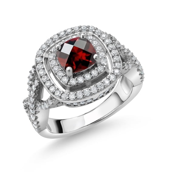 Gem Stone King 925 Sterling Silver Red Garnet and White Moissanite Ring for Women (1.86 Cttw, Gemstone Birthstone, Cushion/Checkerboard Cut 6MM, Size 9)