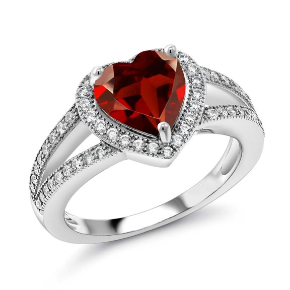 Gem Stone King 925 Sterling Silver Red Garnet & White Moissanite Ring for Women | 2.71 Cttw | Gemstone Birthstone | Heart Shape 8MM | Available in Size 5,6,7,8,9