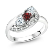 Gem Stone King 925 Sterling Silver Red Garnet and White Moissanite and White Created Sapphire Engagement Ring for Women (0.85 Cttw, Gemstone January Birthstone, Heart Shape 4MM, Size 5)