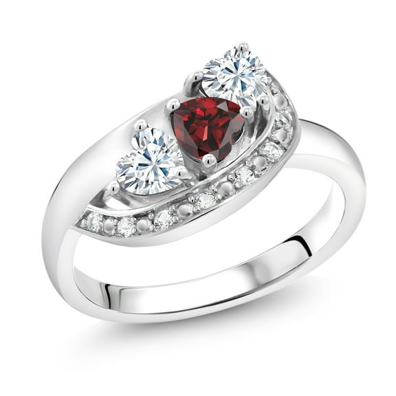 Gem Stone King 925 Sterling Silver Red Garnet and White Moissanite and White Created Sapphire Engagement Ring for Women (0.85 Cttw, Gemstone January Birthstone, Heart Shape 4MM, Size 5)