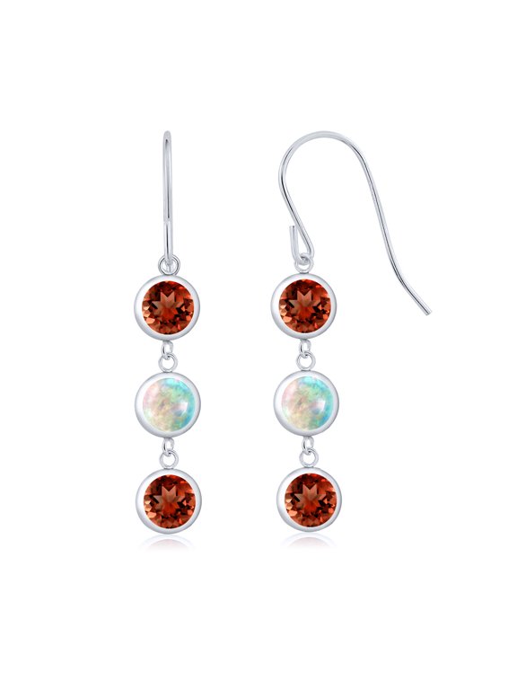 925 Sterling Silver Red Garnet and White Simulated Opal 3 Stone French Wire Dangle Earrings for Women (5.00 Cttw, Gemstone January Birthstone, Round 5MM)