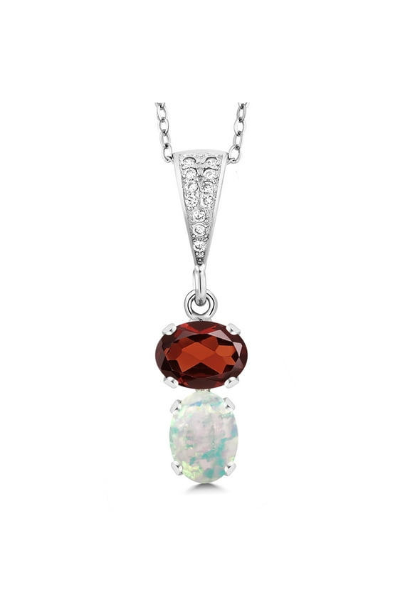 925 Sterling Silver Red Garnet and White Simulated Opal Pendant Necklace for Women (2.32 Cttw, Gemstone January Birthstone, Oval 8x6MM, with 18 inch Chain)