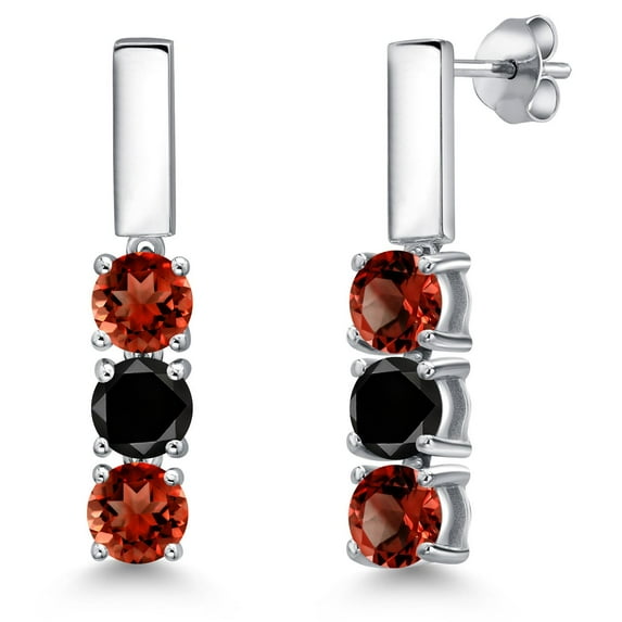 Gem Stone King 925 Sterling Silver Red Garnet and Black Diamond Drop Dangle Earrings for Women | 1.65 Cttw | Gemstone January Birthstone | Round 5MM