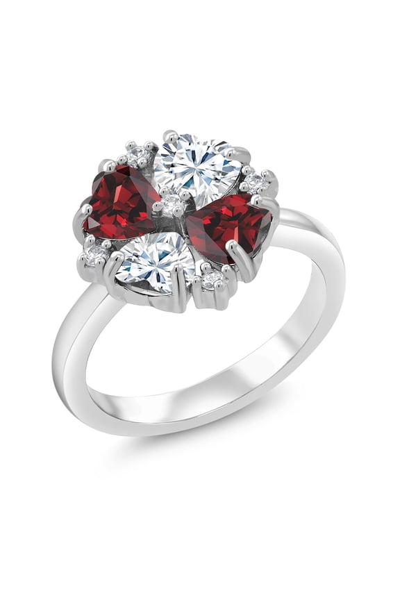 925 Sterling Silver Red Garnet and Moissanite Ring for Women (2.28 Cttw, Heart Shape 5MM, Gemstone January Birthstone, Size 8)