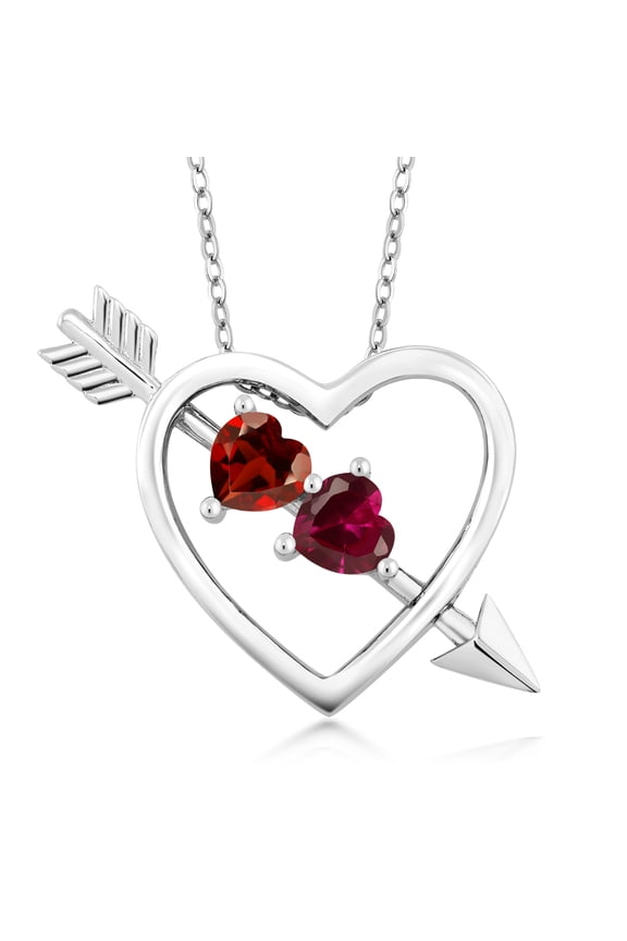 925 Sterling Silver Red Garnet and Red Created Ruby Heart and Arrow Pendant Necklace for Women (1.15 Cttw with 18 inch Silver Chain)