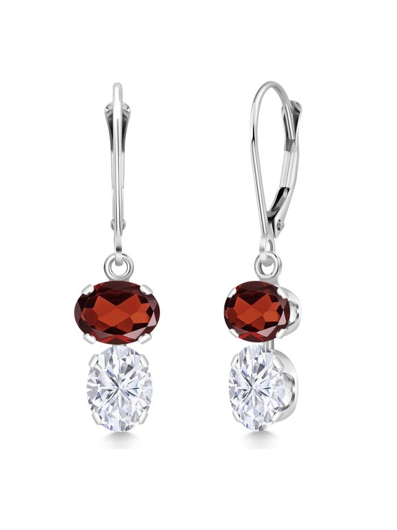 925 Sterling Silver Red Garnet and White Moissanite Dangle Earrings for Women | 6.00 Cttw | Gemstone January Birthstone | Oval 8X6MM