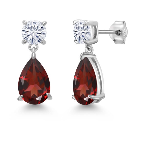 Gem Stone King 925 Sterling Silver Red Garnet and White Moissanite Earrings for Women | 7.94 Cttw | Gemstone January Birthstone | Pear Shape 12X8MM