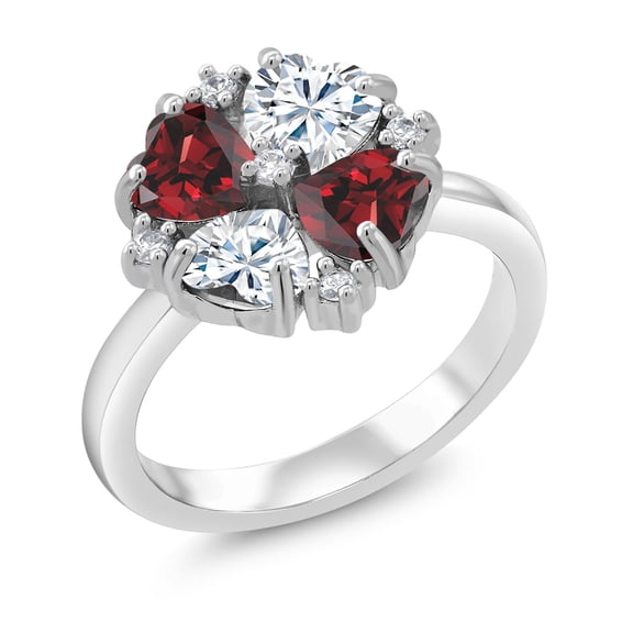 Gem Stone King 925 Sterling Silver Red Garnet and White Moissanite Ring for Women (2.12 Cttw, Heart Shape 5MM, Gemstone January Birthstone, Size 7)