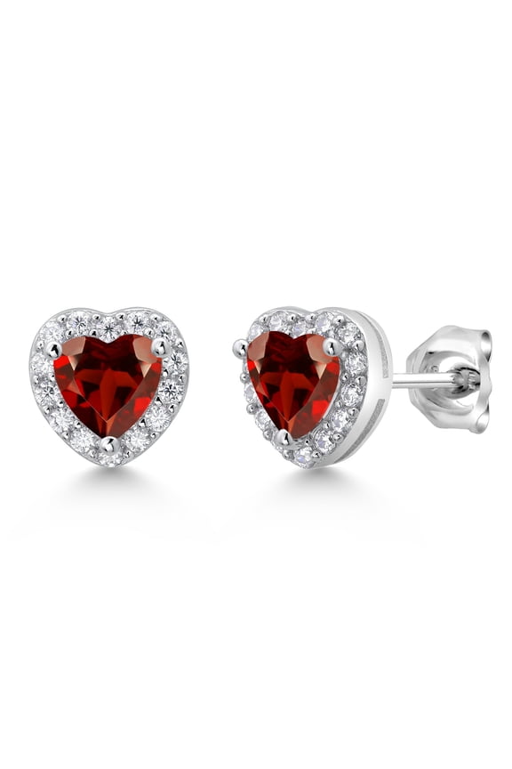 925 Sterling Silver Red Garnet and White Moissanite Stud Earrings for Women (1.42 Cttw, Gemstone Birthstone, Heart Shape 5MM)