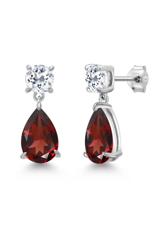 8.14 Cttw Red Garnet and White Topaz Teardrop Dangle Drop Earrings for Women | 925 Sterling Silver | Gemstone Birthstone | Pear Shape 12X8MM | Round 6MM