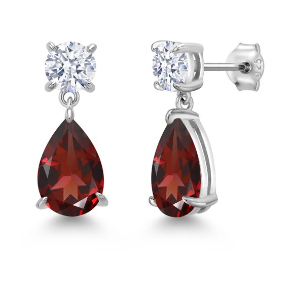 Gem Stone King 925 Sterling Silver Red Garnet and White Zirconia Earrings for Women | 9.34 Cttw | Gemstone January Birthstone | Pear Shape 12X8MM