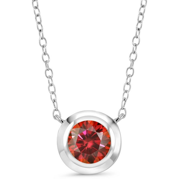 Gem Stone King 925 Sterling Silver Red Moissanite Pendant Necklace for Women (1.00 Cttw, Round 6.5MM, with 18 inch Silver Chain)