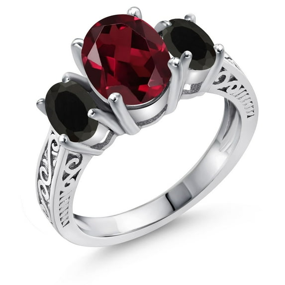 Gem Stone King 2.98 Cttw Red Rhodolite Garnet and Black Onyx 3 Stone Ring for Women | 925 Sterling Silver | Gemstone Birthstone | Available in Size 5, 6, 7, 8, 9