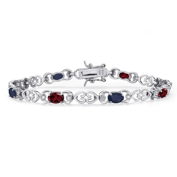 Gem Stone King 925 Sterling Silver Red Rhodolite Garnet and Blue Sapphire and Lab Grown Diamond Bracelet for Women | 4.23 Cttw | Gemstone January Birthstone | Oval 6X4MM | Length 7.25 inches