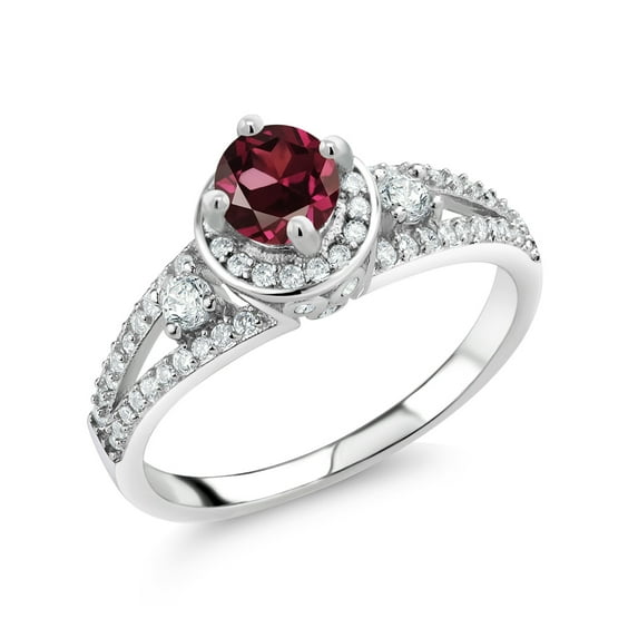 Gem Stone King 925 Sterling Silver Red Rhodolite Garnet Engagement Ring for Women (1.54 Cttw, Round 5MM, Gemstone January Birthstone, Size 9)