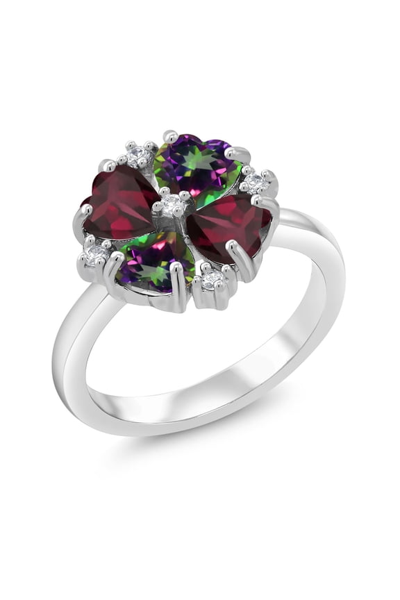 925 Sterling Silver Red Rhodolite Garnet and Green Mystic Topaz Ring for Women (2.38 Cttw, Heart Shape 5MM, Gemstone January Birthstone, Size 9)