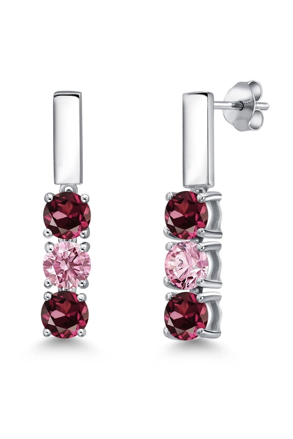 925 Sterling Silver Red Rhodolite Garnet and Pink Lab Grown Diamond Drop Dangle Earrings for Women | 1.70 Cttw | Gemstone January Birthstone | Round 5MM