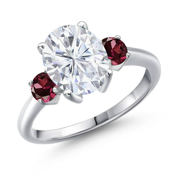 Gem Stone King 925 Sterling Silver Red Rhodolite Garnet Ring Set with Oval Moissanite (3.74 Cttw)