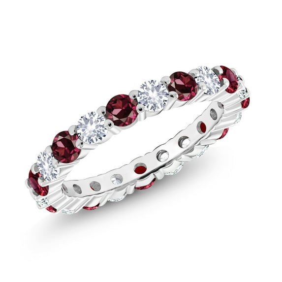Gem Stone King 925 Sterling Silver Red Rhodolite Garnet and White Created Sapphire Women Eternity Band Ring (1.20 Cttw, Gemstone Birthstone, Size 5)