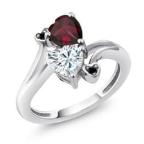Gem Stone King 925 Sterling Silver Red Rhodolite Garnet White Moissanite and Black Diamond Ring for Women (1.55 Cttw, Heart Shape 6MM, Gemstone January Birthstone, Size 5)