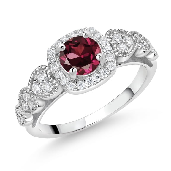 Gem Stone King 925 Sterling Silver Red Rhodolite Garnet and White Moissanite Engagement Ring for Women (1.38 Cttw, Round 6MM, Gemstone January Birthstone, Size 9)