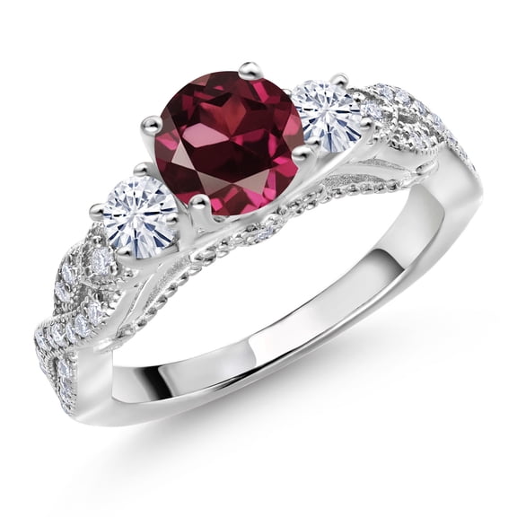Gem Stone King 925 Sterling Silver Red Rhodolite Garnet and White Moissanite Engagement Ring for Women (1.47 Cttw, Gemstone January Birthstone, Round 6MM and 3MM, Size 7)