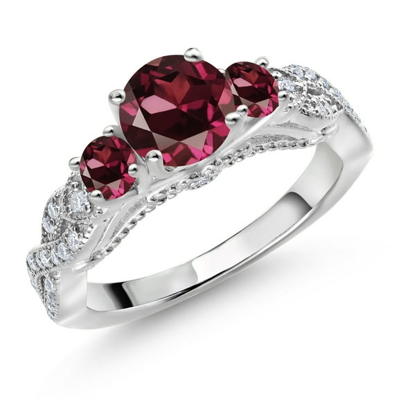 Gem Stone King 925 Sterling Silver Red Rhodolite Garnet and White Moissanite Engagement Ring for Women (1.51 Cttw, Gemstone January Birthstone, Round 6MM and 3MM, Size 6)
