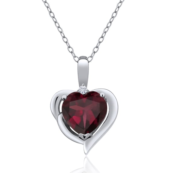Gem Stone King 925 Sterling Silver Red Rhodolite Garnet and White Moissanite Heart Shape Pendant Necklace for Women (2.02 Cttw, Heart 8MM, Gemstone January Birthstone, with 18 inch Chain)