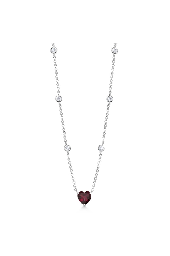 925 Sterling Silver Red Rhodolite Garnet and White Moissanite Long By The Yard Chain Necklace for Women (1.80 Cttw, Heart Shape 7MM, 17 inch with 2 inch Extender)