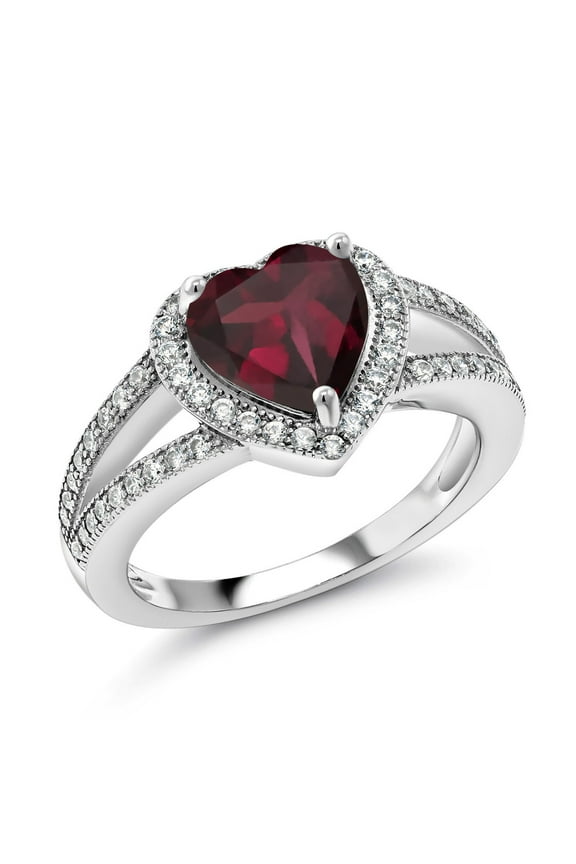 925 Sterling Silver Red Rhodolite Garnet and White Moissanite Ring for Women (2.71 Cttw, Gemstone January Birthstone, Heart Shape 8MM, Available in Size 5,6,7,8,9)