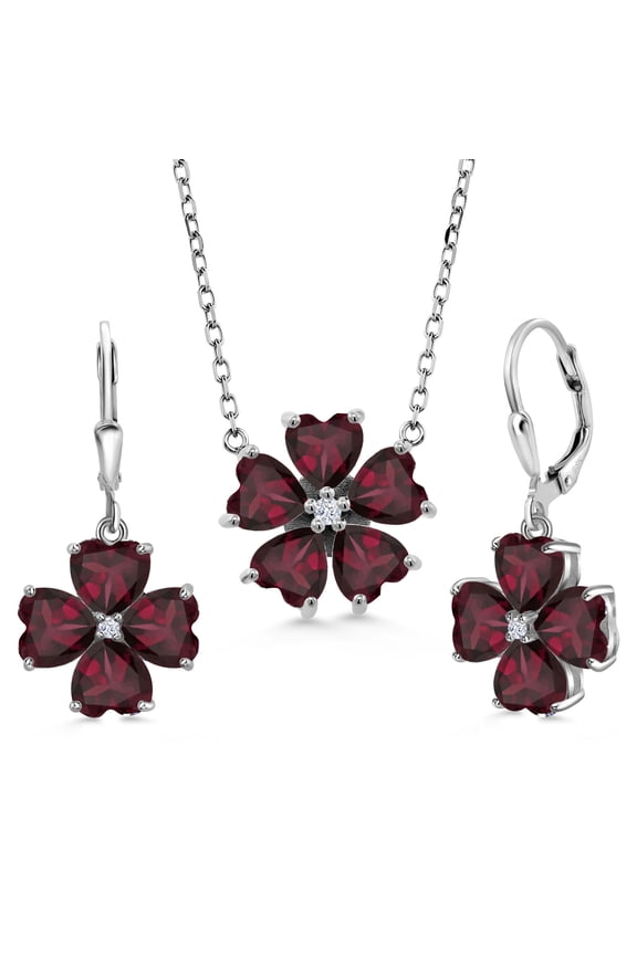 925 Sterling Silver Red Rhodolite Garnet and White Zirconia Pendant Earrings Jewelry Set for Women (9.41 Cttw, Heart Shape 6MM, with 18 inch Chain)