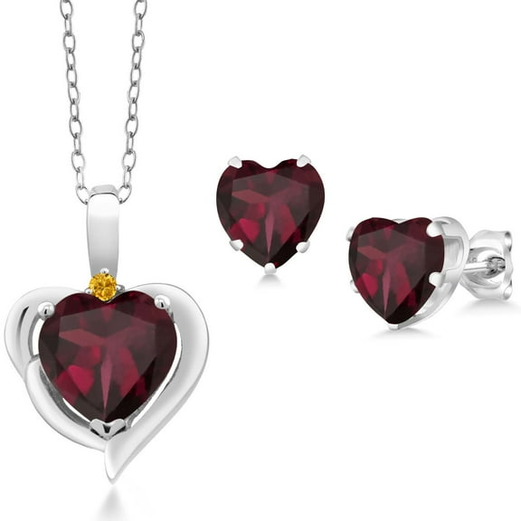Gem Stone King 925 Sterling Silver Red Rhodolite Garnet and Yellow Created Sapphire Pendant Necklace Earrings Set for Women (3.46 Cttw, Heart Shape 8MM and 6MM, with 18 inch Chain)