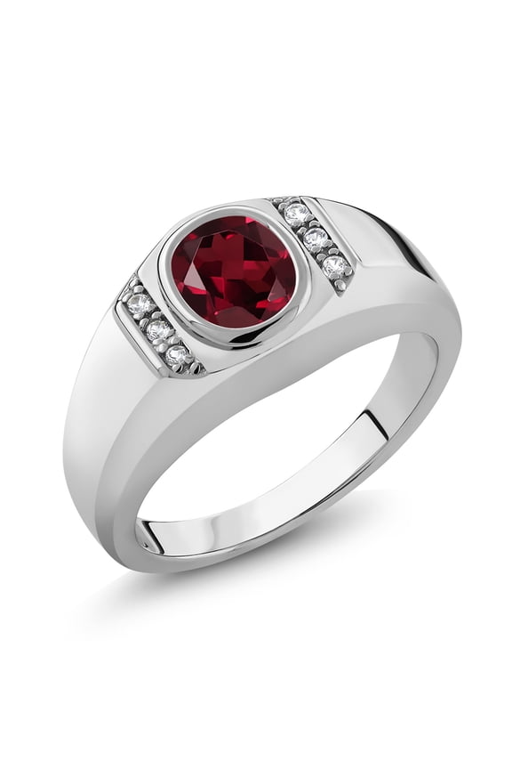 925 Sterling Silver Red Rhodolite Garnet and White Created Sapphire Men's Ring (1.41 Cttw, Available in Size 7, 8, 9, 10, 11, 12, 13)