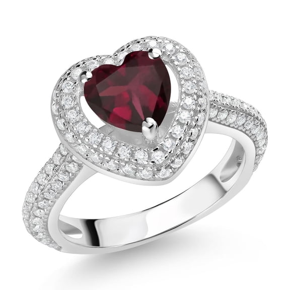 Gem Stone King 925 Sterling Silver Red Rhodolite Garnet and White Moissanite Heart Shape Ring for Women (1.34 Cttw, Size 8)