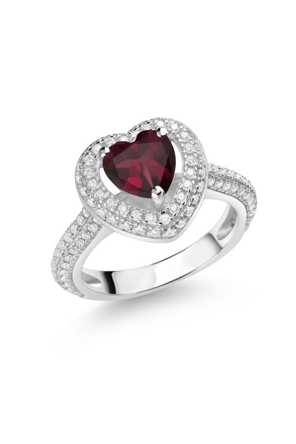 925 Sterling Silver Red Rhodolite Garnet and White Moissanite Heart Shape Ring for Women (1.34 Cttw, Size 7)