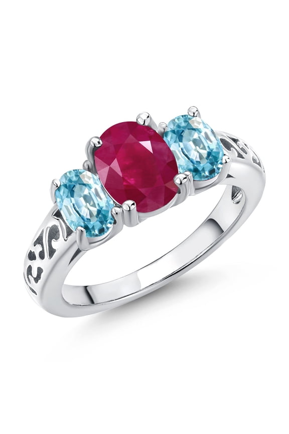 925 Sterling Silver Red Ruby and Blue Zircon Filigree Style 3 Stone Ring for Women (2.90 Cttw, Oval 8X6MM and 6X4MM) (Size 6)