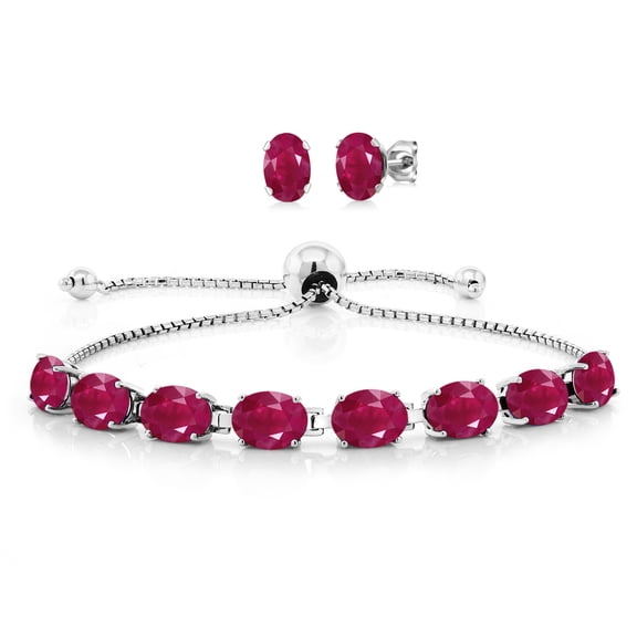Gem Stone King 925 Sterling Silver Red Ruby Bracelet and Earrings Jewelry Set for Women (10.00 Cttw, Gemstone July Birthstone, Oval 7X5MM, Fully Adjustable up to 9 inch)