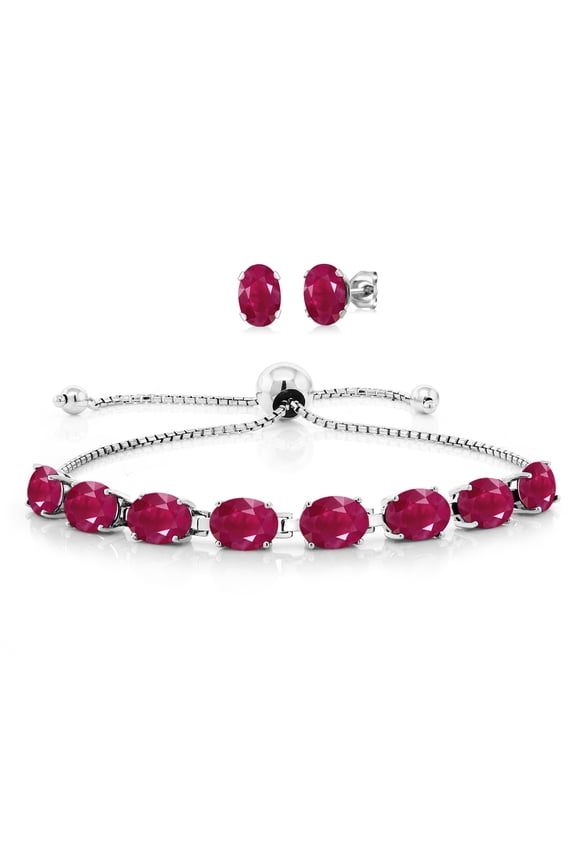 925 Sterling Silver Red Ruby Bracelet and Earrings Jewelry Set for Women (10.00 Cttw, Gemstone July Birthstone, Oval 7X5MM, Fully Adjustable up to 9 inch)