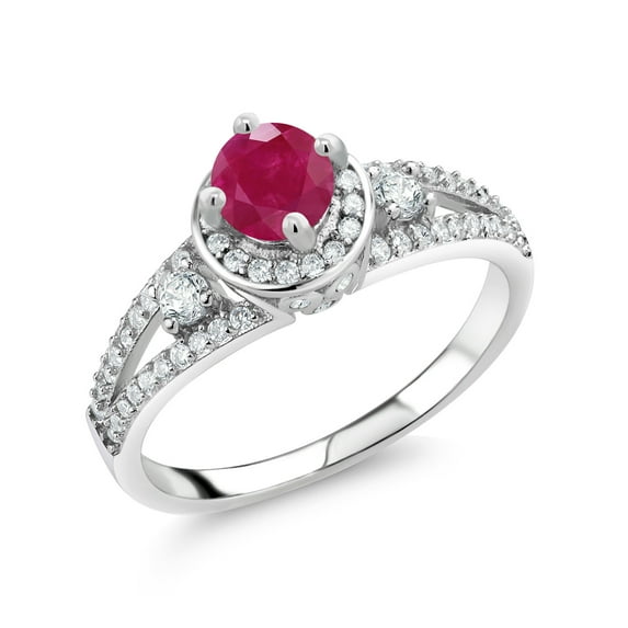 Gem Stone King 925 Sterling Silver Red Ruby Engagement Ring for Women (1.49 Cttw, Round 5MM, Gemstone July Birthstone, Size 6)