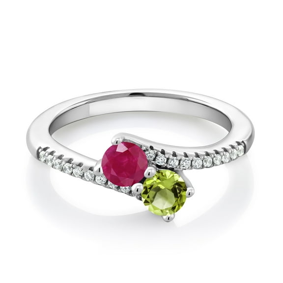Gem Stone King 925 Sterling Silver Red Ruby and Green Peridot Bypass Ring for Women (0.89 Cttw, Gemstone July Birthstone, Round 4MM, Available in Size 5, 6, 7, 8, 9)
