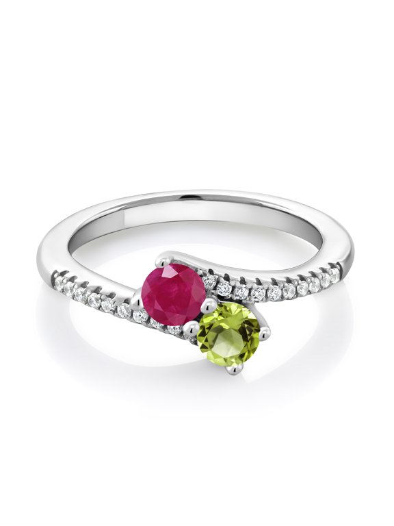 925 Sterling Silver Red Ruby and Green Peridot Bypass Ring for Women (0.89 Cttw, Gemstone July Birthstone, Round 4MM, Available in Size 5, 6, 7, 8, 9)
