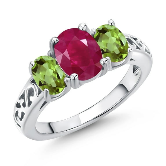Gem Stone King 925 Sterling Silver Red Ruby and Green Peridot Filigree Style 3 Stone Ring for Women (2.60 Cttw, Oval 8X6MM and 6X4MM) (Size 7)