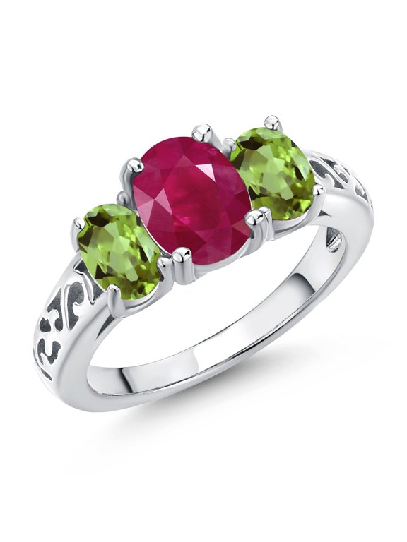 925 Sterling Silver Red Ruby and Green Peridot Filigree Style 3 Stone Ring for Women (2.60 Cttw, Oval 8X6MM and 6X4MM) (Size 8)